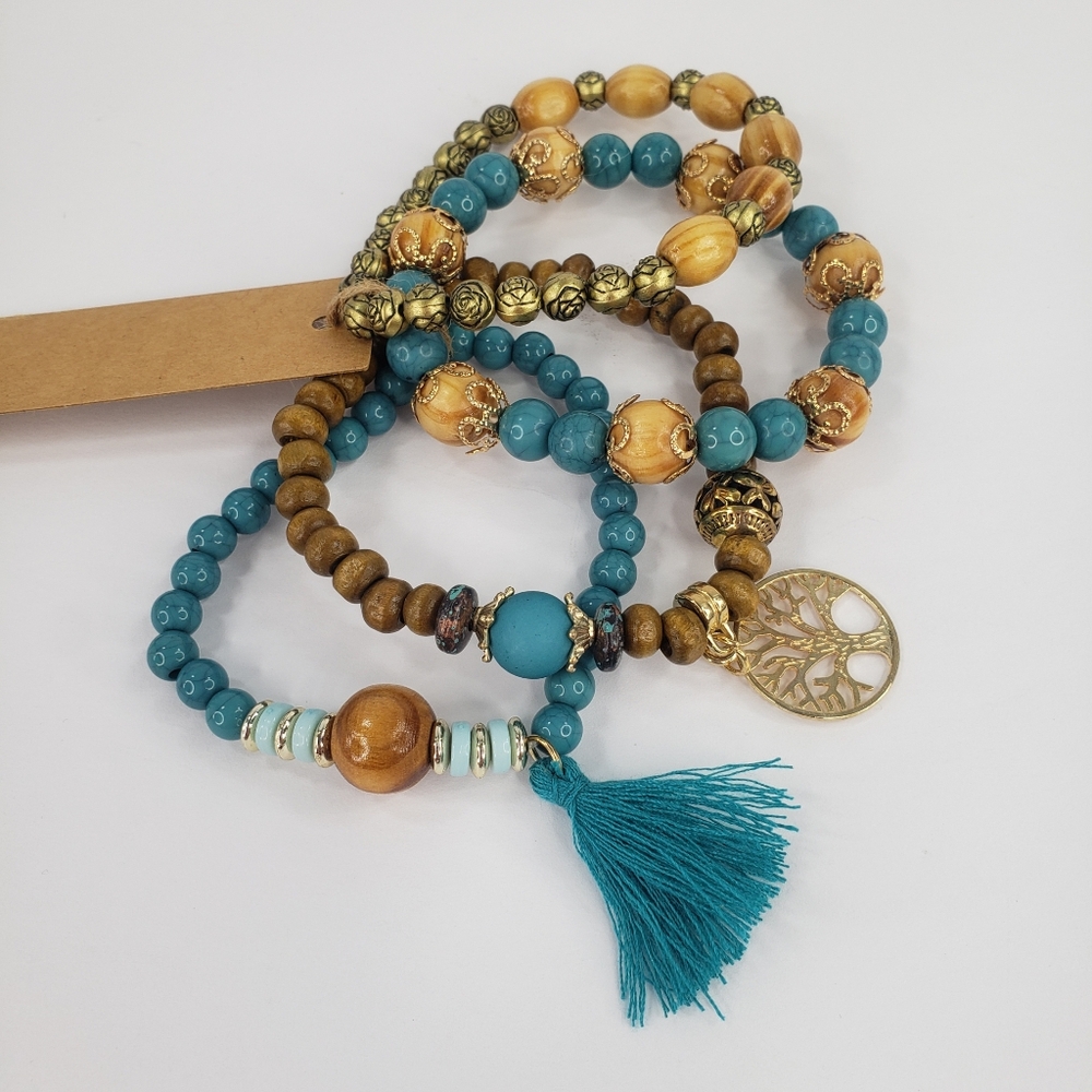 Boho 4 pc Bracelet Turquoise Bohemian Tree of Life Charm Sunshine Vibez - Picture 5 of 5